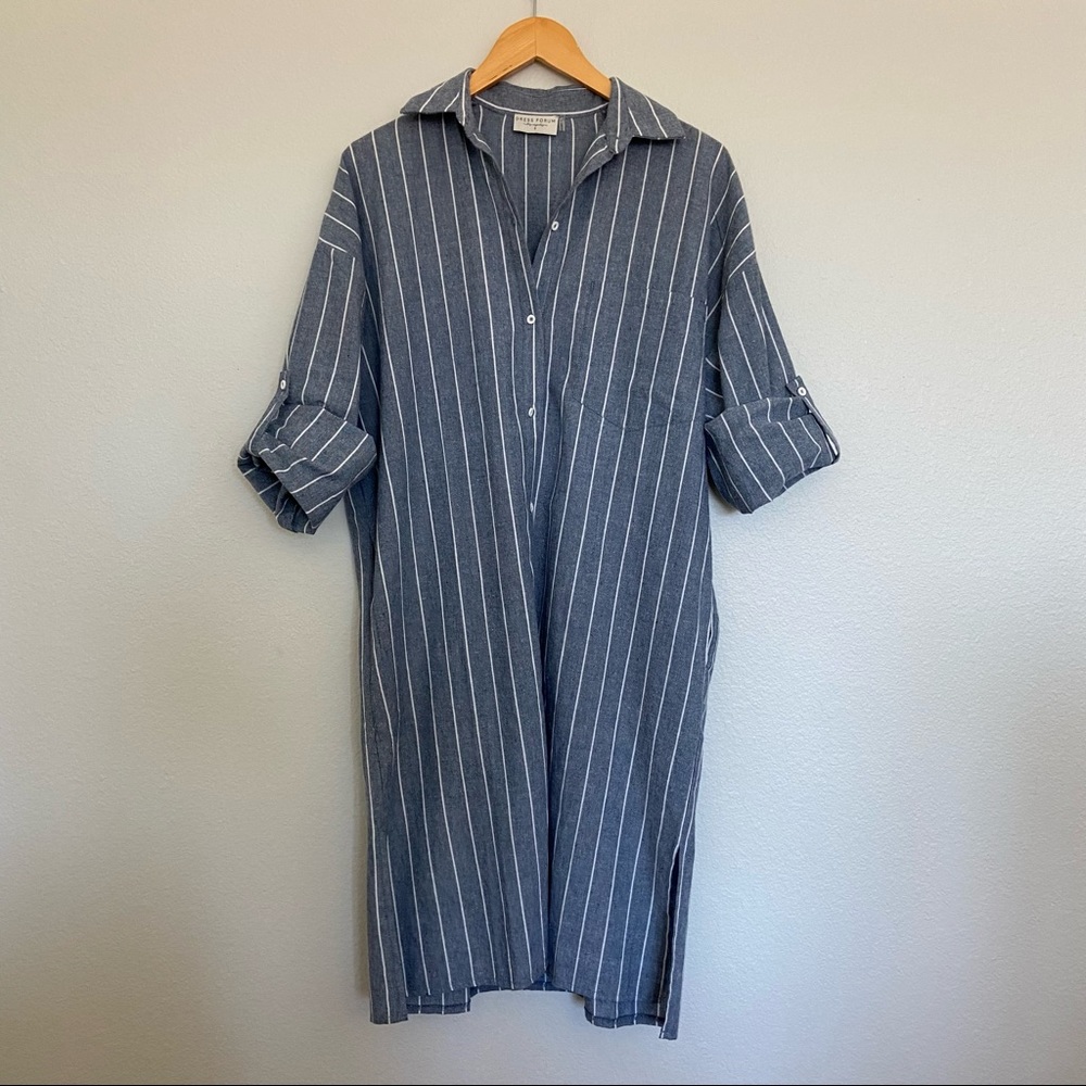 Vertical Stripe Button-Up Shirt Dress — Blue & White